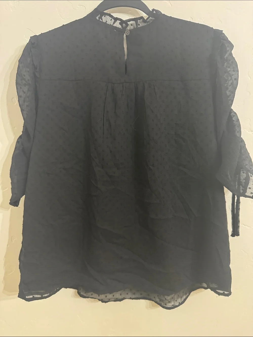 NWT LOFT Black Swiss Dot Ruffle Blouse Sheer Puff Sleeve Mock Neck Adjustable M